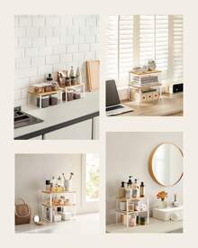 Étagère à Épices, Lot de 2, Organisateur de Placard, Étagère de Rangement de Cuisine Extensible, Porte-épices Empilable, Métal, Bois d'Ingénierie, Blanc Nuage et Beige Naturel