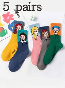 5 Pairs Unisex Mixed Color Original Abstract Artistic Illustration Design Fashionable Sports Mid-Calf Socks, Suitable For Everyday Wear