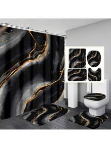 1pc/4pcs Black Marble Patterned Summer Shower Curtain Four Piece Set, Including Waterproof Shower Curtain, Non Slip Floor Mat, Toilet Seat Cover, And U-Shaped Mat, Complete Set Of Shower Curtain Kit, Twelve Hooks, Bathroom Decoration, Holiday Gift Back To School