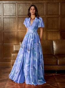 Faeriesty Printing Elegant Floral Chiffon Evening Gown With Short Sleeves, V-Neckline & A-Line Skirt – Ethereal Elegance For Black-Tie Dinners, Bridal Parties, Art Gallery Events, And Garden Parties