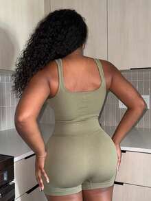 Alexandranx Women Plain Sleeveless Bodycon Unitard Romper - Olive Green - View 4