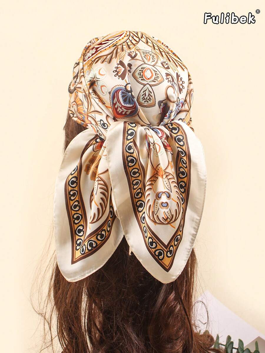 1件仿丝印花女士头巾，印花围巾，多功能头带/颈巾，日常时尚配饰 - 杏色 - 查看 1