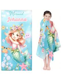 1pc Customized Mermaid Girl Soft Towel, Scaly Pattern, Can Customize Child's Name And Shiny Gift - Multicolor - View 3