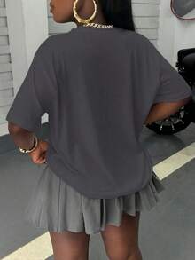 Casual Logo Print Crew Neck Short Sleeve T-Shirt, Summer Graphic Tees Women Tops - A-3 - Xem 2