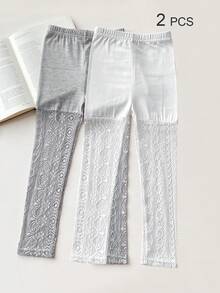 4/2/1 Pairs Lace Trim Capri Leggings For Girls, Children, Infants, Black/White/Gray/Pink, Color Block, Multicolor, Spring/Summer/All Season, Thin, Casual, Cute & Fashionable, Princess Style, Suitable For Daily Wear, Soft & Comfortable Tights, Suitable For Students To Pair With Tops, Skirts, Back To School Season - Multicolor - View 13