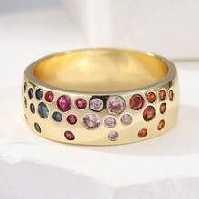 1 件奢华宽带铜合金镶嵌多色合成方晶锆石戒指，女士订婚结婚戒指，日常佩戴戒指