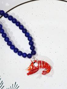 1 pieza Colgante decorativo de langosta roja de vidrio con cadena de collar de cuentas azules, adecuado para uso diario de mujeres o vestimenta de playa en verano