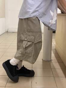 Men's Casual Cargo Pants Relaxed Fit Workwear Shorts | Streetwear Utility Capri With Pockets | Breathable Summer Cropped Trousers - Khaki - View 3