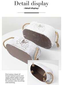 1 PC Vintage Oval Iron Flower Pot With Bird Print Design, Hemp Rope Pot, Iron Metal Pot, Succulent Green Plant, Oval Shaped Pot, Storage BoxRetro Mini Bucket Planter With Rope Handles For Indoor And Outdoor Decoration, Tabletop Wrought Iron Metal Decorative Vase With Accessory - Retro - View 7