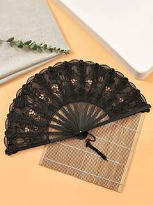 1 pieza Abanico plegable con bordado floral de encaje vintage - Elegante abanico de mano negro y blanco con borlas, estilo tradicional retro, ideal para refrescarse en verano, uso diario y como regalo para mujeres o decoración del hogar - Multicolor - Ver 5
