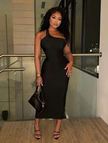 Alexandranx Solid Color Asymmetrical V-Neck Slim Fit Backless Dress Maxi Women Outfit - Black - View 2