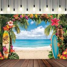 1 Piece, Tropical Seaside Background, Summer Beach Hawaii Island Palm Tree Photography Background, Photo Background, Video Wall Background, Hanging Cloth, Party Banner, Party Photo Background, Party Supplies - Multicolor - View 3