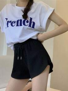 Pantalones de pierna ancha mujer verano fuera suelta delgada de gran tamaño de cintura alta deportes ocio pantalones cortos mujer - Negro - Ver 3