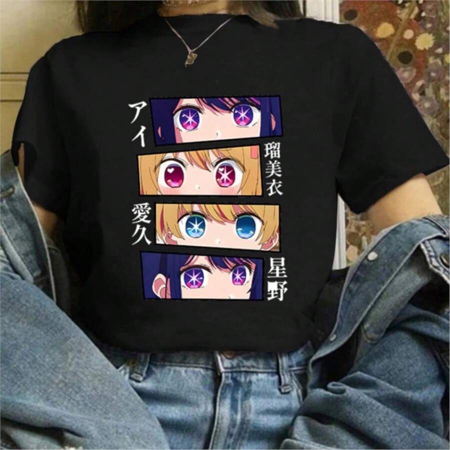 COOL SUMMER Women T-Shirt Harajuku Oshi No Ko T Shirt Unisex Ai Ruby Akane Aquamarine Hoshino Tshirt Japanese Anime Ullzang Clothes Top Tees - 黑色 - 查看 1