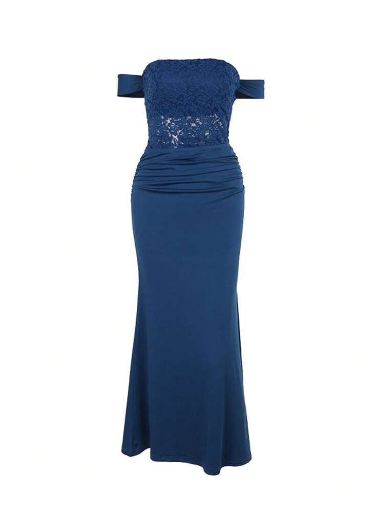 bridesmaid navy bardot lace insert fishtail maxi dress Women's Autumn Patchwork Spaghetti Strap core or any moment where Color:Malachite Green Strapless Long Prom Ball