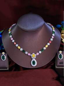 1 套流行多色方晶锆石花朵首饰套装，镀银女士椭圆形 CZ 吊坠耳环和项链，适合婚礼、订婚、宴会、派对、舞会，送给新娘、女友、妻子、圣诞节的礼物 - 彩色 - 查看 11