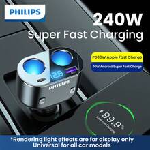 PHILIPS 飞利浦四合一点烟器分线器 QC3.0 PD30W 双 USB 充电端口带独立开关多功能车载充电器 USB 车载充电器 快速充电转换器