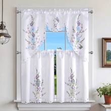3pcs Spring Floral Curtain Set - Embroidered Butterfly Curtain Set, Handcrafted Cutwork Design, Light-Filtering Polyester Satin Rod Pocket Curtain Set For Kitchen, Living Room, Bedroom, Bathroom - With Butterfly Accents For Wedding Party,Outdoor Decor