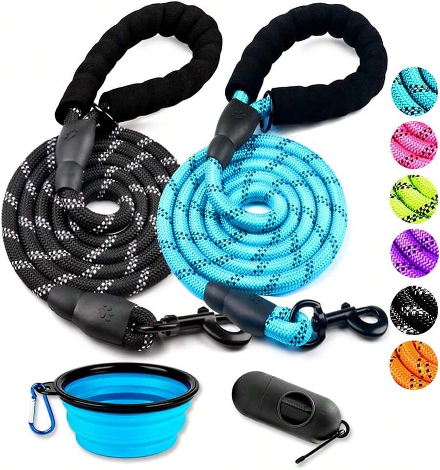 2 Pack Dog Leash 5 FT Heavy Duty - Comfortable Padded Handle - Reflective Dog Leash Medium Large Dogs With Collapsible Pet Bowl, Dog Gear - 套裝 2-黑色+藍色 - 查看 1