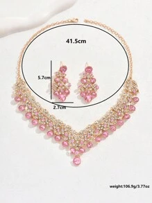 3pcs/Set Women's Fashion Luxury Pink Necklace & Earrings Jewelry Set, Bridal Wedding Dress Accessories, Women Jewelry Suit For Wedding, Party, Banquet, Prom