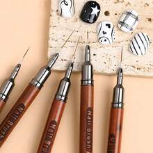A Set Of 5 Wood Grain Manicure Line Pens With Extremely Thin Smudged Painting Flower Brush Solid Wood Engraving Pen Rod Multi-Functional Manicure Tools Suitable For Painting Lines And Pattern DIY - Brown - View 6