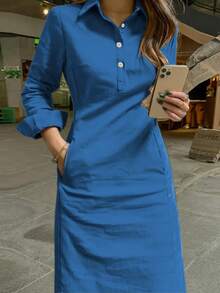 Gaun Gaya Arab Lengan Panjang Berkerah Kancing Depan Elegan Modis untuk Wanita, Koleksi Musim Semi/Gugur Terbaru - Royal Blue - View 7