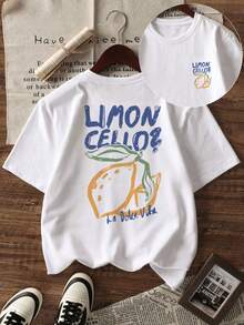 Plus Size Women's Summer New Simple Lemon And Slogan Print Daily Casual Round Neck Loose White Short Sleeve T-Shirt Fashionable And Versatile Suitable For Daily Wear Women's Tops - White - View 1