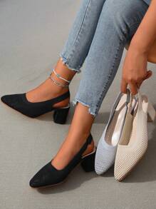 Knitted Mesh Cap Toe Back Strap Summer New Versatile Temperament Pointed Toe Low Vamp Side Hollow Thick Heel Sandals For Women