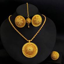 6 Peças/Conjunto Clássico Árabe Conjunto de Joias Cor Dourada: Colar Flor Pingente Anel Brincos Pulseira Headchain Tiara, Para Noiva Africana Casamento, Presente de Festa de Feriado