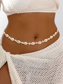 1pc Woven Shell Waist Chain, Summer Holiday Beach Style Body Chain, Suitable For Surfing, Pool Party, Summer Jewelry - White - View 1