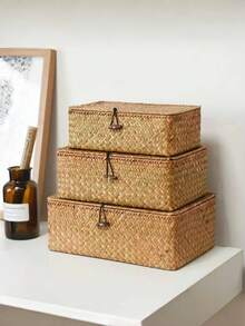 1 szt. nordycki styl tkany z trawy morskiej składany pojemnik do przechowywania z pokrywką, kreatywny i oszczędzający miejsce pojemnik do przechowywania z ręcznie wykonanym akcentem, wielofunkcyjny organizer na biurko do przechowywania artykułów spożywczych, kosmetyków i domowej garderoby, pudełko do przechowywania bałaganu na biurku - Żółty - Zobacz 3