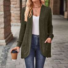 Ladies Cardigan Sweater Open Front Cardigans Long Sleeve Knitted Sweaters Women Loose Solid Color - màu xanh lá - Xem 4
