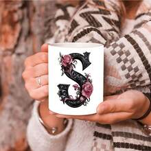 1pc Black Letter Floral A-Z Print Coffee Mug, Pink Floral, Alphabet Floral Coffee Mug For Office And Home, Alphabet Ceramic Coffee Mug, Women'S Birthday Gift, Mom, Best Friend, Bride, Bridesmaid Gift, White Tea Cup, Mother'S Day, Father'S Day Gift 11oz