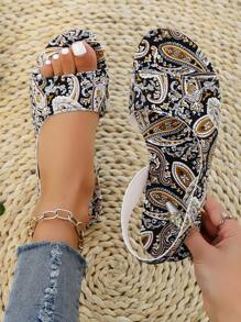 Boho Floral Print Flat Sandals With Ankle Strap, Slip-On Design For Beach, Casual, Fashion & Comfortable Leisure Wear For Women