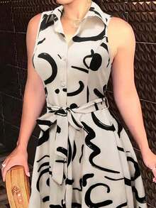 Vestido sin mangas con estampado abstracto y botones delanteros, vestido casual con cintura ceñida y cuello vuelto, Vestido elegante de camisa con estampado y cintura, Vestido con bloques de color de moda para mujer - Multicolor - Ver 3