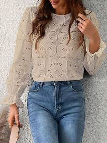 Women Eyelet Long Sleeve Tops Shirts Dressy Hollow Out Crochet Lace Embroidered Blouses 2025 Fashion