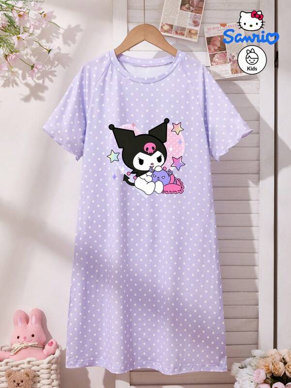 Sanrio Sleeping Dress For Girl's Summer New Sanrio Authorized Kuromi Print Polka Dot Princess Style Short Sleeved Dress, Can Be Worn Outside