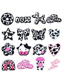 16 piezas Moda lindos encantos de animal ganadero vaca de dibujos animados para decorar zuecos, sandalias y zapatos. Accesorios DIY perfectos para la decoración de zapatos de mujeres y hombres - El regalo perfecto - Multicolor - Ver 6