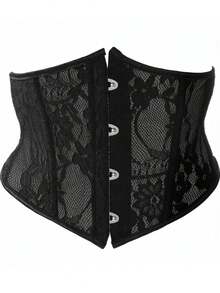 1 件女式黑色蕾丝紧身衣短款上衣，带腰带，可外穿 - 黑色 - 查看 1