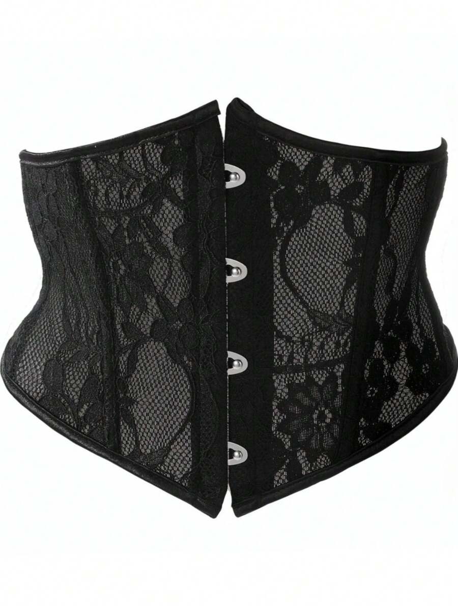 1 件女式黑色蕾丝紧身衣短款上衣，带腰带，可外穿 - 黑色 - 查看 1