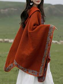 1PC Multi-Functional, Enlarged And Thickened Cape That Can Be Used Throughout The Four Seasons, With A Small Floral Border Design And A Hooded Shawl. It Is Suitable For Outdoor Windproof And Warmth Keeping, As Well As Travel Photography And Holiday/Performance Dressing