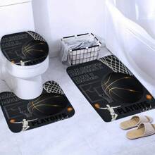 1/4 pièces Ensemble de rideaux de douche thème basket-ball, en tissu de polyester imperméable, style minimaliste moderne pour la décoration de la maison. Tapis de bain en forme de U, tapis de bain antidérapant, avec 12 crochets Back to School