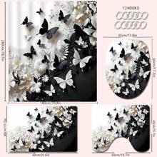 1/2/3/4 Stücke 3D Schwarz & Weiß Schmetterling Blumen Thema Badezimmer Duschvorhang Sets, 12 Haken, Badematte, U-förmiger Toilettendeckel, wasserdichter Duschvorhang, Badezimmerdekoration, moderner Fenstervorhang, ohne Bohren, Polyester, maschinenwaschbar, Herbstdekoration Badezimmer Accessoires Rückkehr zur Schule