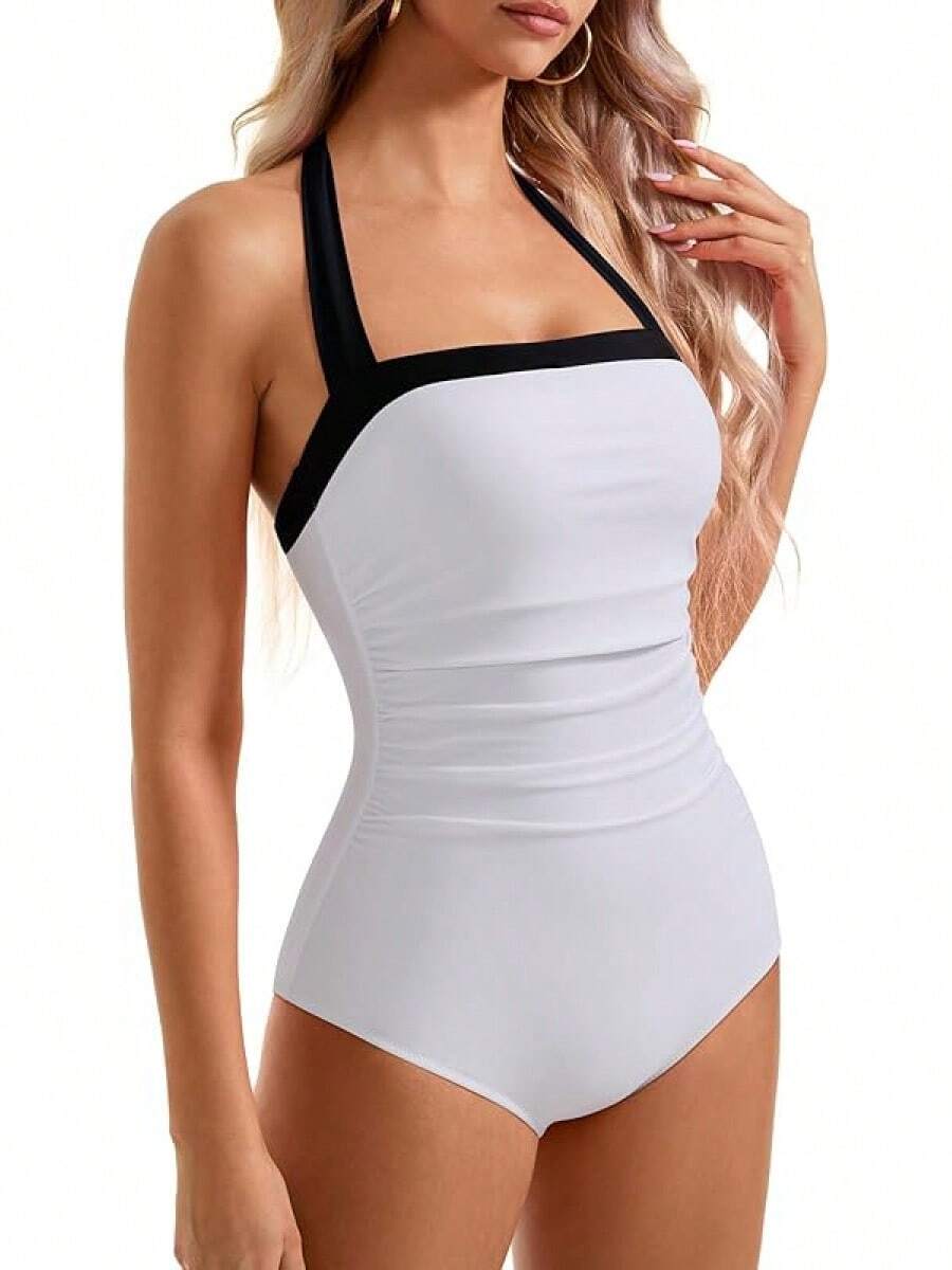 Women Sexy Tummy Control One Piece Swimsuit Halter Retro Bathing Suit - 68 White Black - View 1