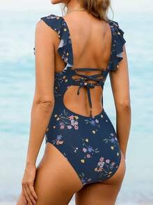 Women's Ruffled Swimsuit Lace Up - 牛仔藍碎花 - 查看 2