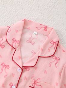 3件套女士爱心蝴蝶结印花泡泡褶皱短袖开衫、短裤和长裤睡衣套装 - 粉色 - 查看 4