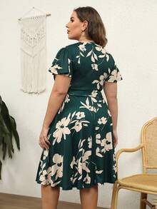 Nemidor Plus Size Floral Print V-Neck Wrap Front Casual Short Sleeve Dress - Dark Green - View 6