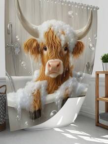 1pc/4pcs Funny Highland Cow Shower Curtain Set, Adorable Yellow Calf Bathing In Tub, Bathroom Set With 12 Hooks, Non-Slip Rugs, Toilet Lid Cover, U-Shaped Mat, Machine Washable, Complete Bathroom Accessories Decor Set Back To School