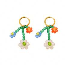 1 Pair Elegant Fashion Crystal Braided Beaded Flower Hoop Earrings, 18K Gold Plated Stainless Steel, Cute & Sweet Style For Women's Daily Wear