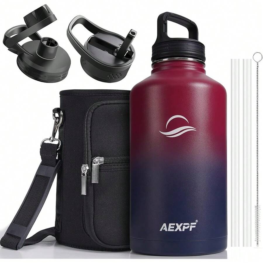 New-88 64 Oz Water Bottl  Sleeve, Metal  Half Gallon Water Bottle  Straw, Reusable Of Water Jugs For Drinking, Insulated Water Flask For Gym , Ruby Red Navy - 紅寶石紅海軍藍 64 盎司 - 查看 1